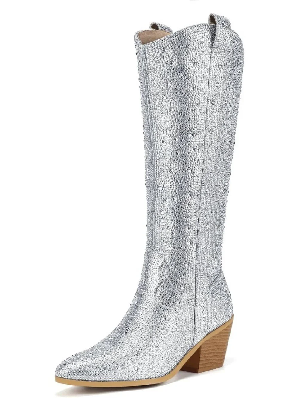 Women's Silver Pointed Toe Sparkly Glitter Chunky Heel Over The Knee High Boots